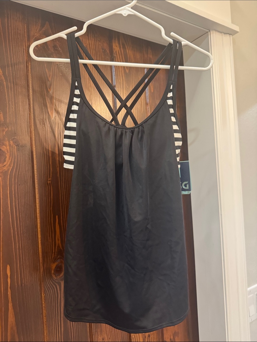 DSG Black with Striped Side Panels and Crisscross Back Swim Top